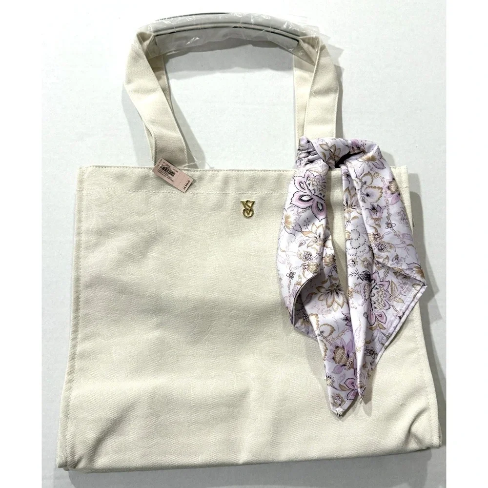 Victoria's Secret Tote Bag Limited Edition Floral Embossed White Cream & Scarf